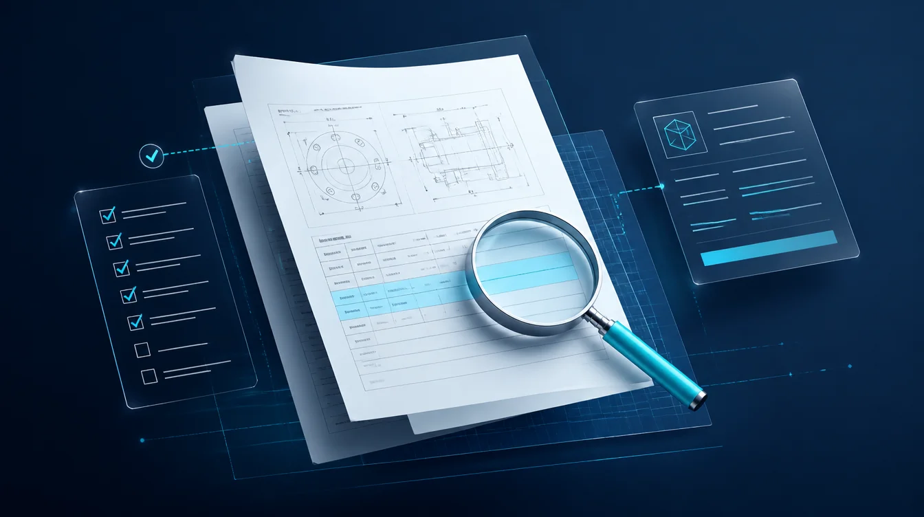 رسم توضيحي لملف مواصفات PDF ومراجعة متطلبات فنية قبل إعداد عرض السعر