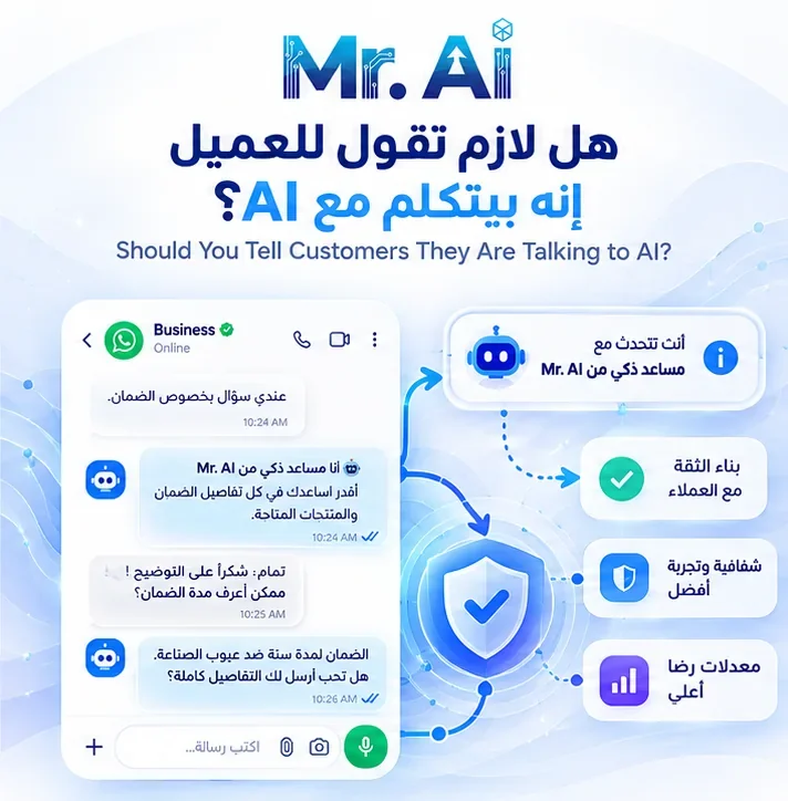 ملصق توضيحي للإفصاح بوضوح للعميل بأنه يتحدث مع مساعد AI.
