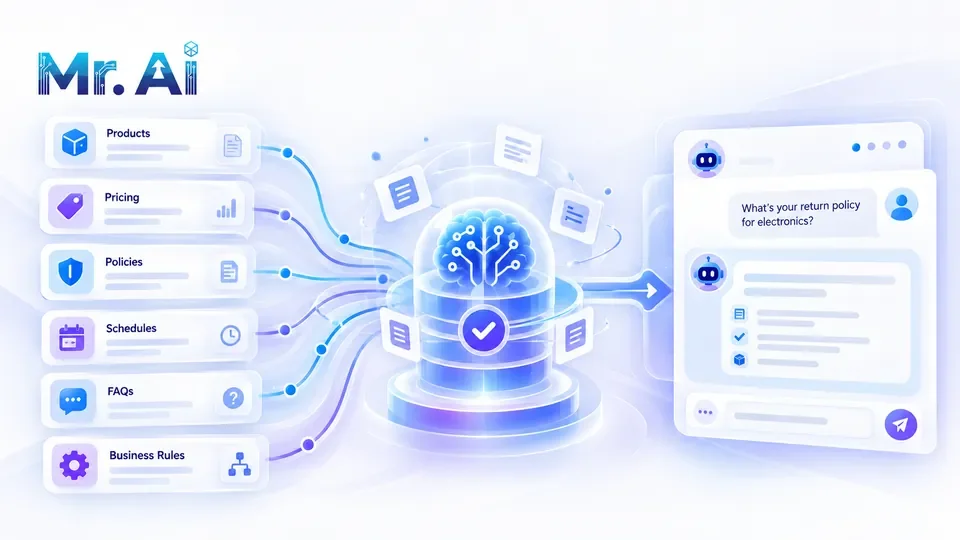 A verified knowledge base of products, pricing, policies, schedules and FAQs for an AI customer-service agent.