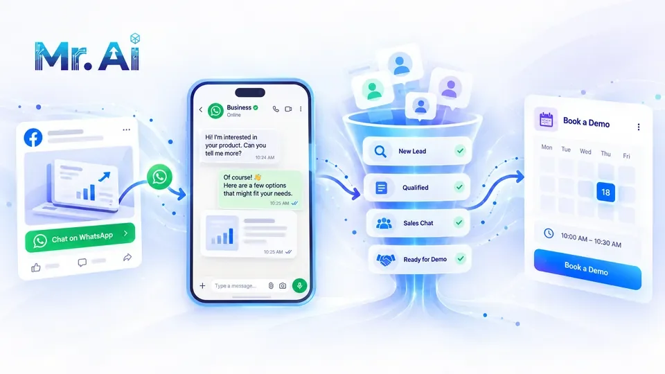 A visual journey from advertising through WhatsApp conversations and lead qualification to a booked demo.