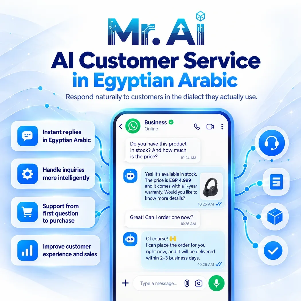 Illustrative AI customer-service conversation with Egyptian Arabic language support.