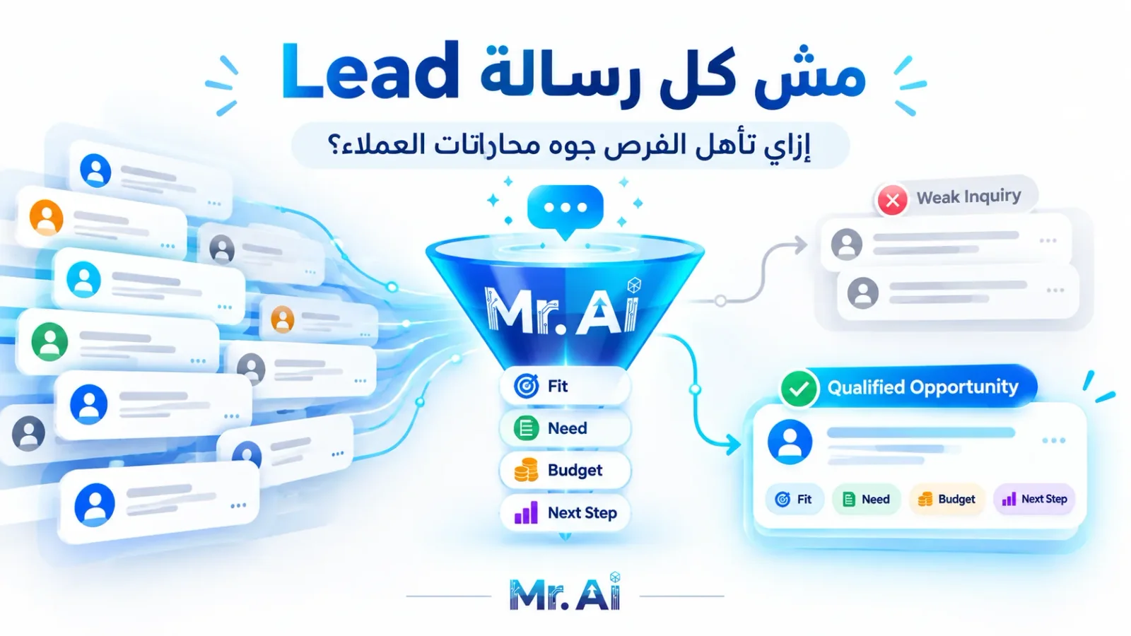 تأهيل فرص البيع من محادثات العملاء بناءً على الملاءمة والاحتياج والميزانية والخطوة التالية.